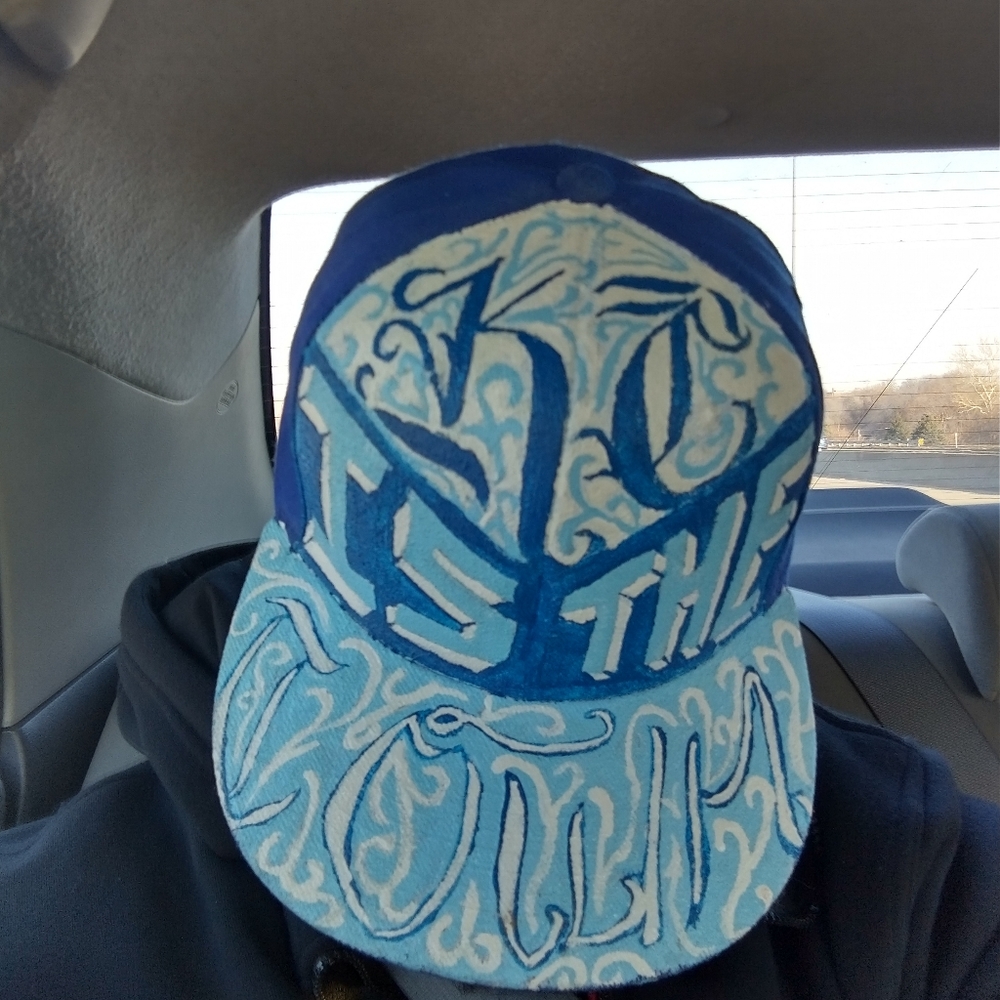 Custom hand painted blue and white Casey is the town hat